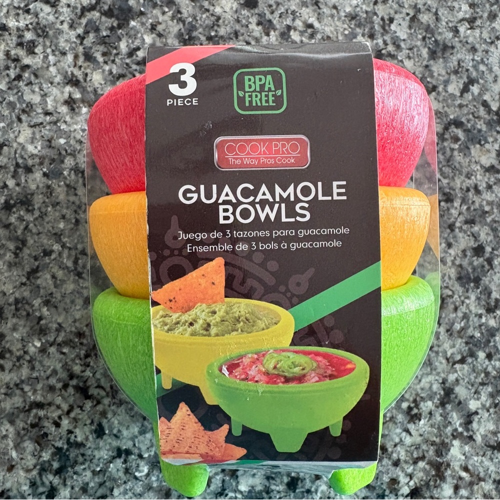 New- Cook pro 3-Piece Guacamole Dip Bowls, BPA Free, red,green & yellow